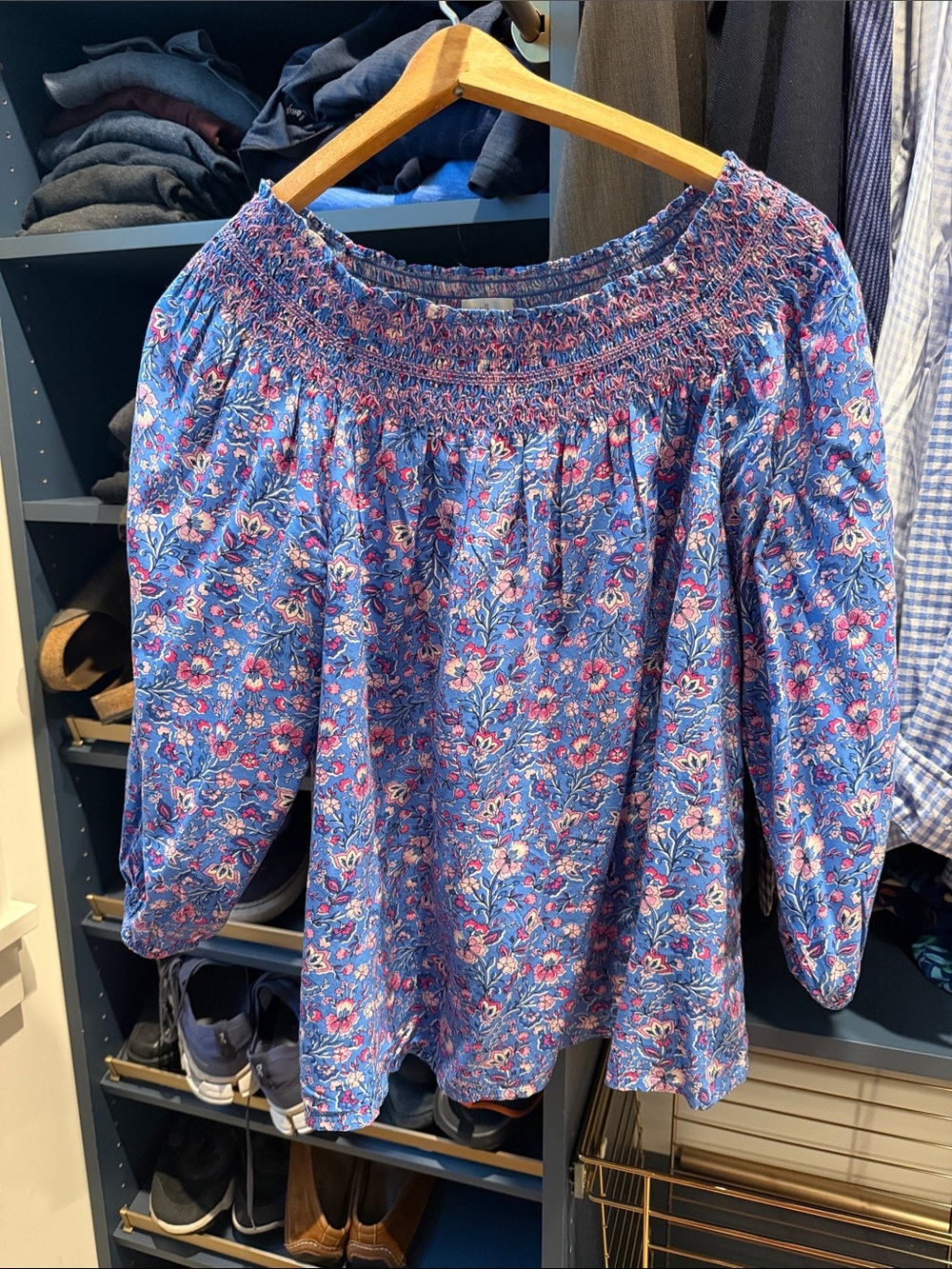 J. Jill Blue Floral Smocked-Neck Peasant Blouse